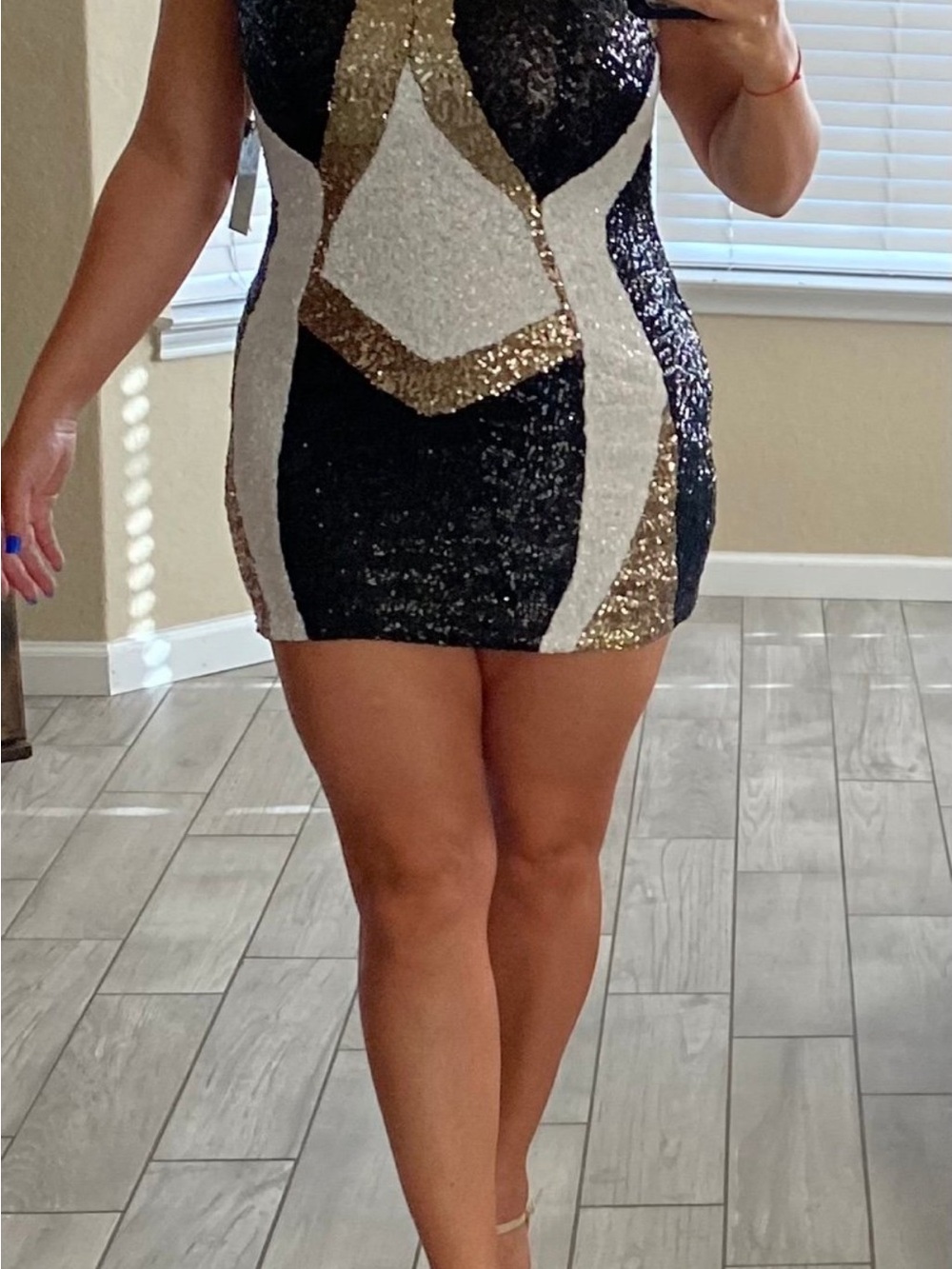 Sequin Geometric Bodycon Mini Dress in Black, Gold & White